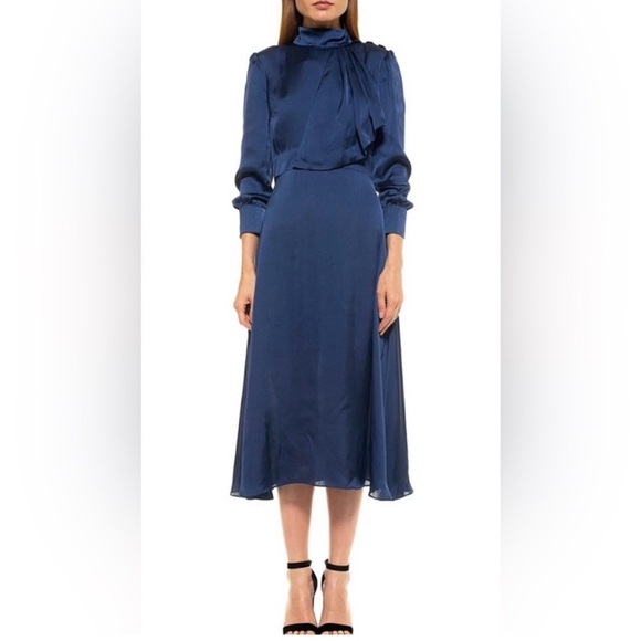 Alexia Admor Dresses & Skirts - Alexia Admor Tie Mock Neck Satin MIDI Brooklyn Dress
